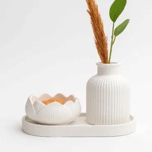 Dekoratif Beyaz Seramik Vazo ve Kase Seti – Minimalist Modern Tasarım
