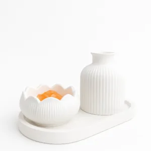 Dekoratif Beyaz Seramik Vazo ve Kase Seti – Minimalist Modern Tasarım