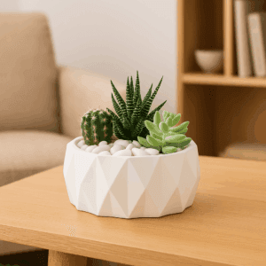 Geometrik desenli beyaz seramik saksı