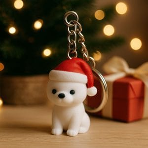 Sevimli Noel bereli beyaz ayıcık anahtarlık – detay görsel
