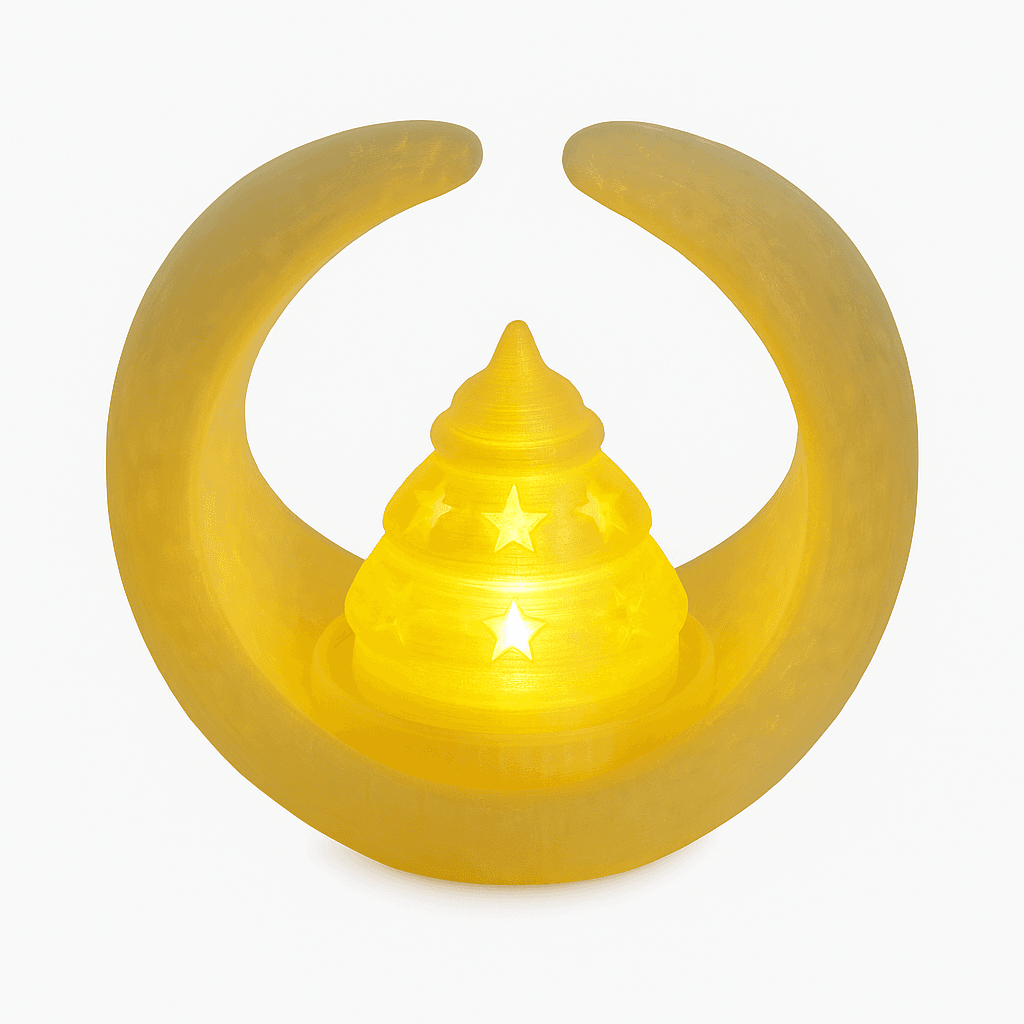 LED mum ışıklı hilal dekor – yıldız desenli 3D baskı yılbaşı süsü